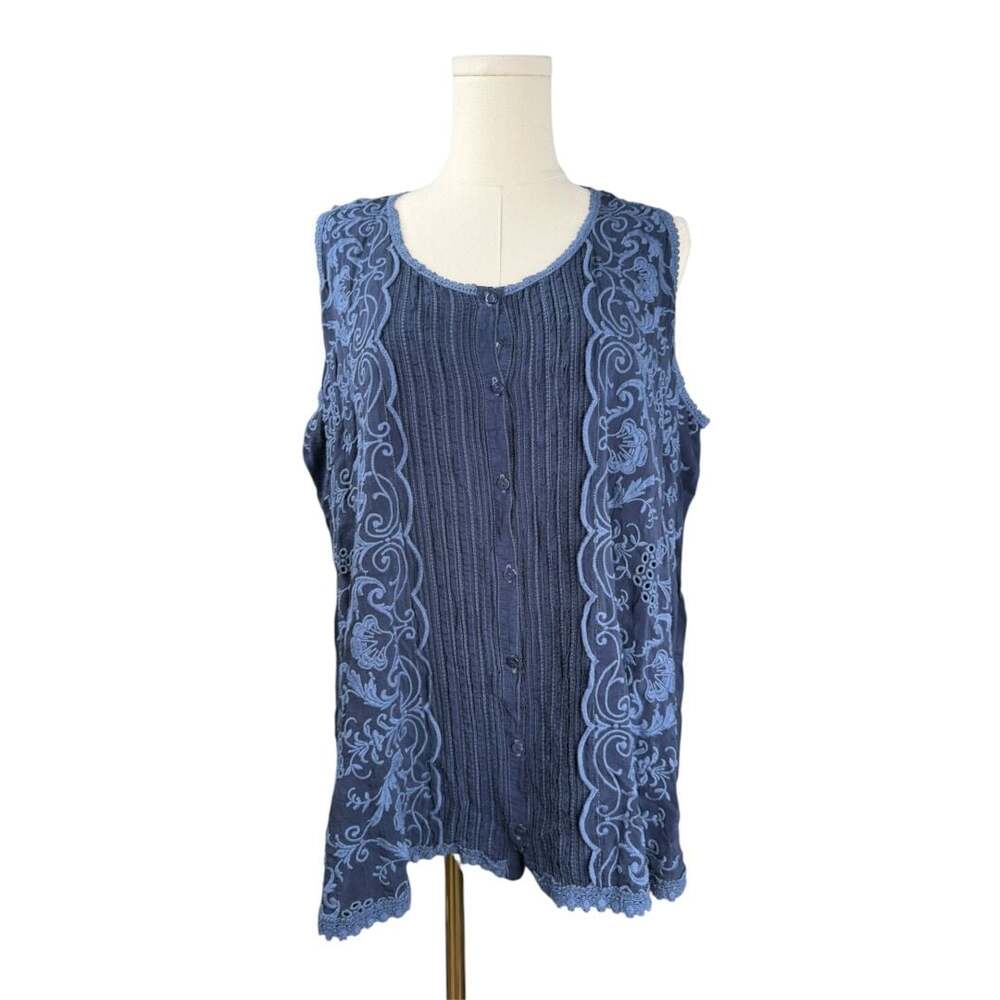 Johnny Was Blue Embroidered Sleeveless Button Front Tunic Top Sz. M